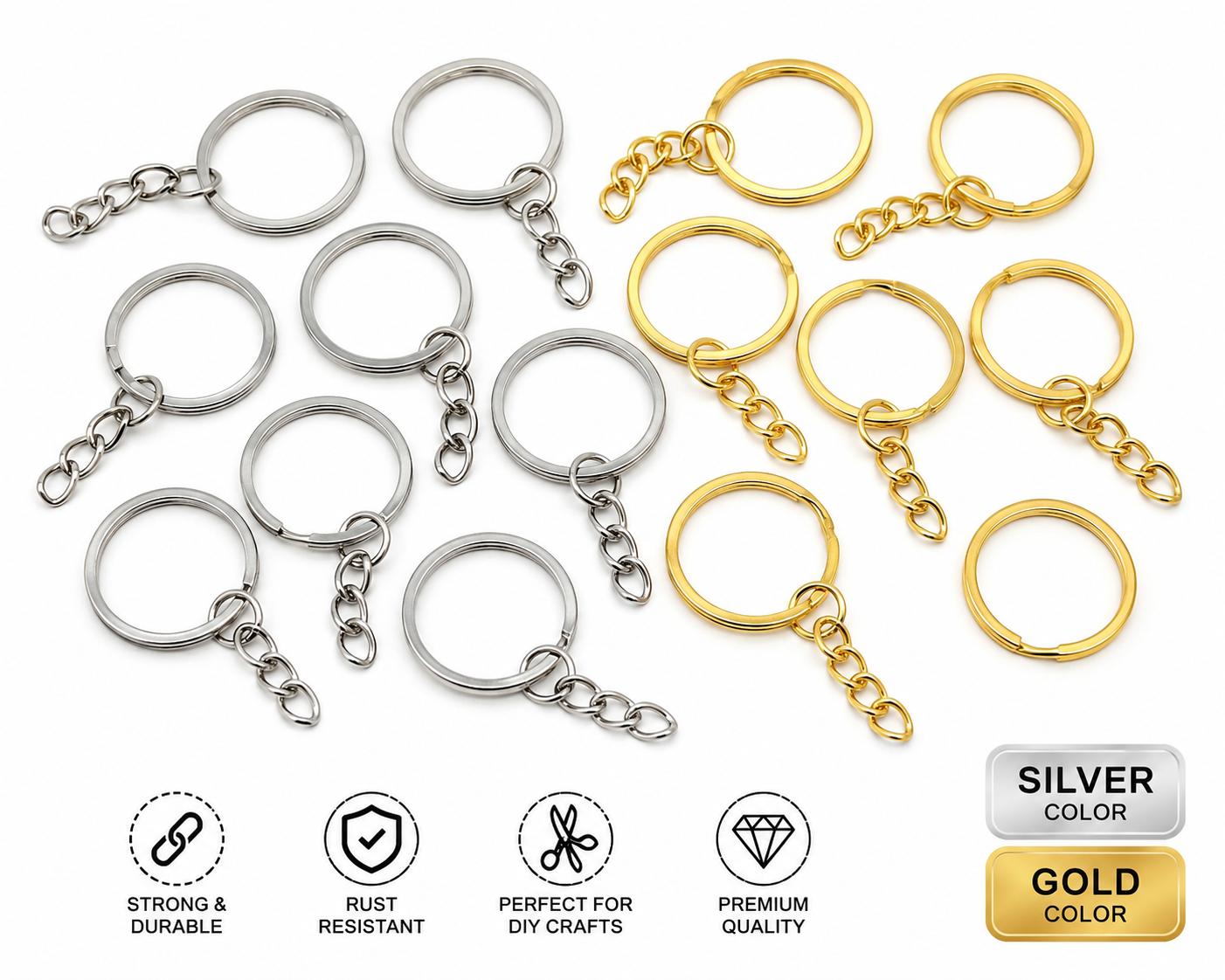 Metal Split Key Rings with Chain – Keychain Rings for DIY Crafts, Bag Charms & Key Holders 10 pcs