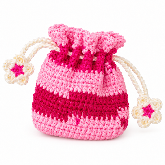 Handmade Crochet Mini Drawstring Pouch | Cute Pink Floral Coin & Gift Bag