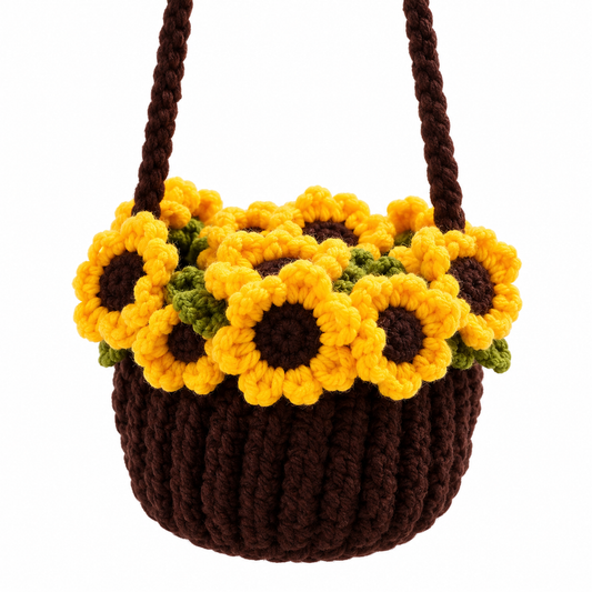 Handmade Crochet Sunflower Hanging Plant Basket | Car Rearview Mirror & Home Decor