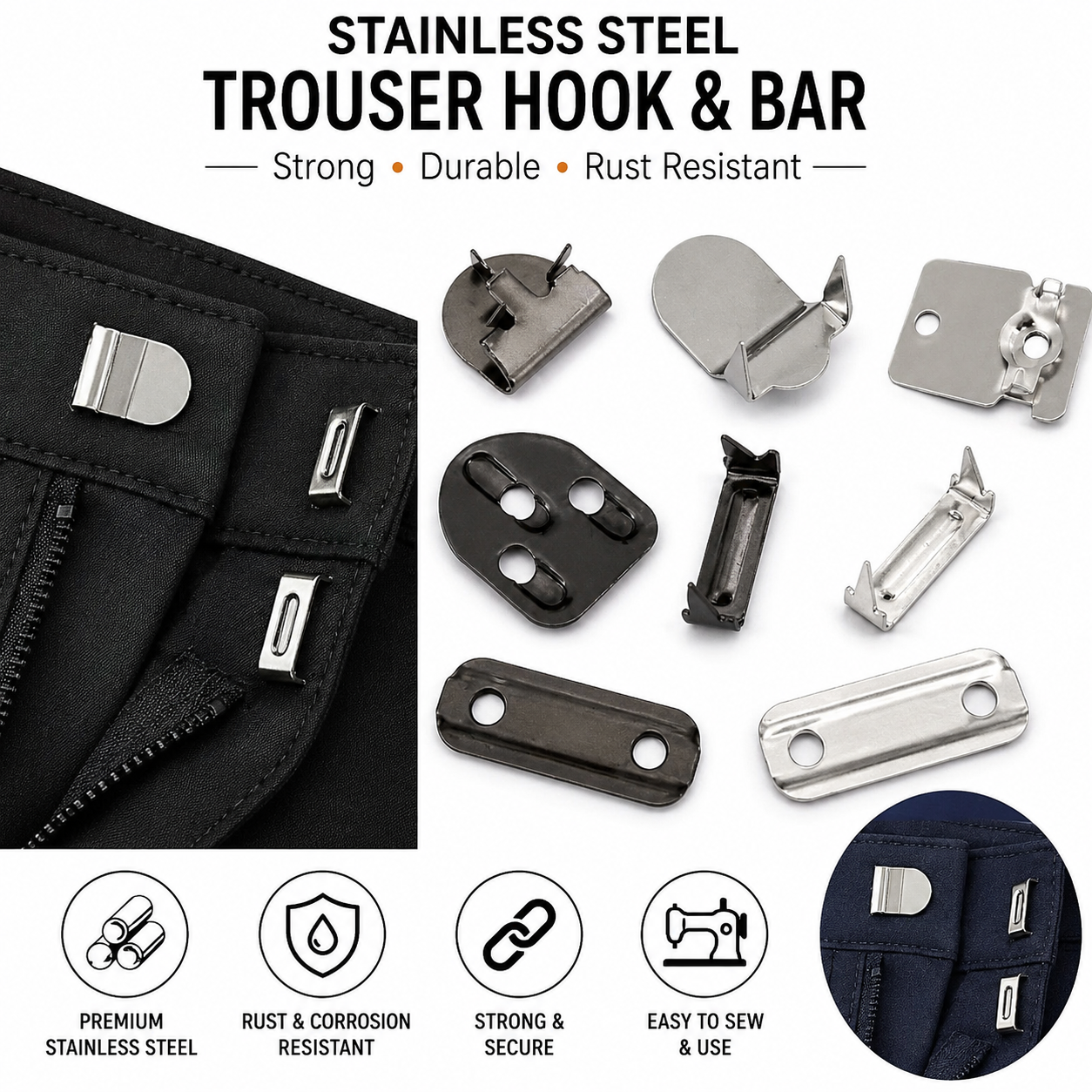 Stainless Steel Trouser Hook & Bar Fastener for Pants, Skirts & Trousers 1Box 288 pcs