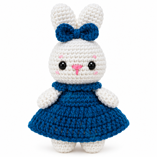 Handmade Crochet Bunny Doll in Blue Dress | Cute Amigurumi Rabbit Plushie