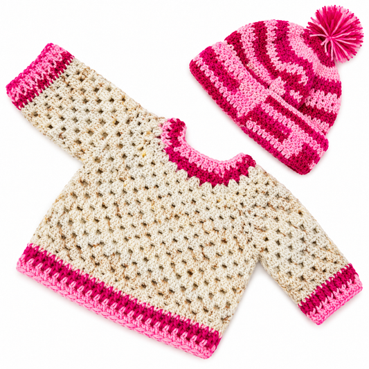 Handmade Crochet Baby Sweater & Matching Pom-Pom Hat Set | Cozy Winter Outfit